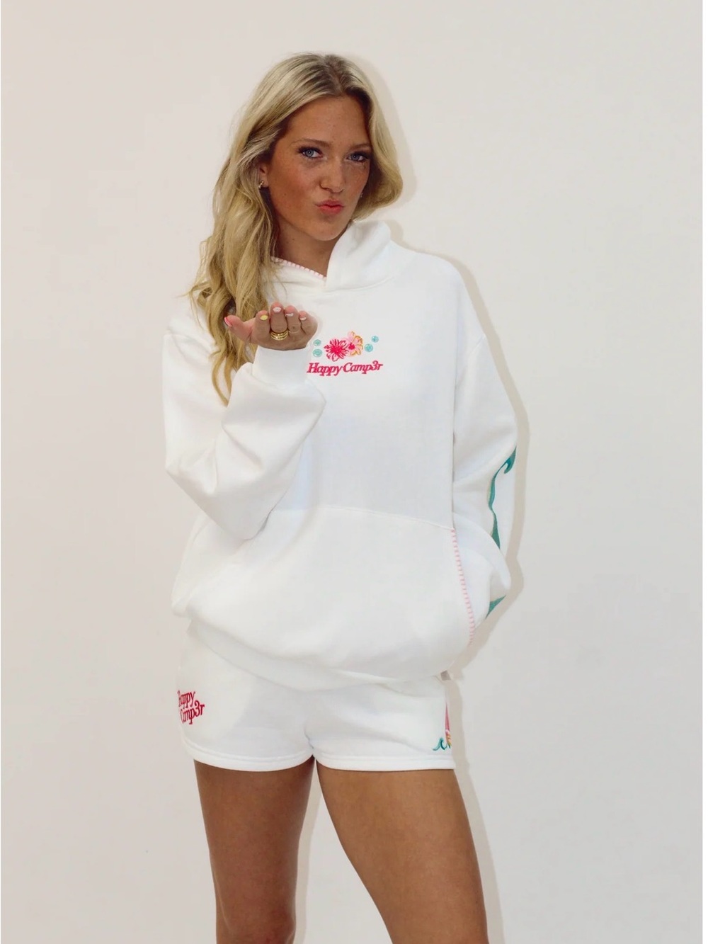 Happy Camper White Floral Logo Hoodie - Women